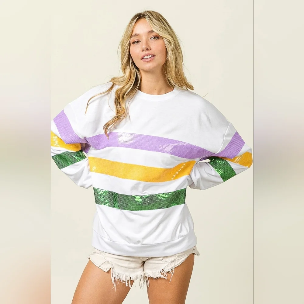 BiBi Sequin Mardi Gras Striped Round Neck Sweatshirt - Picture 5 of 14